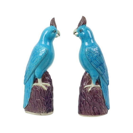 Image 1 of Paire de perroquets émaillés turquoise