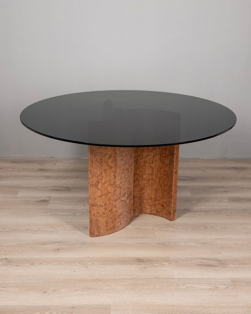 Table ronde vintage 1970S en travertin et verre design italien