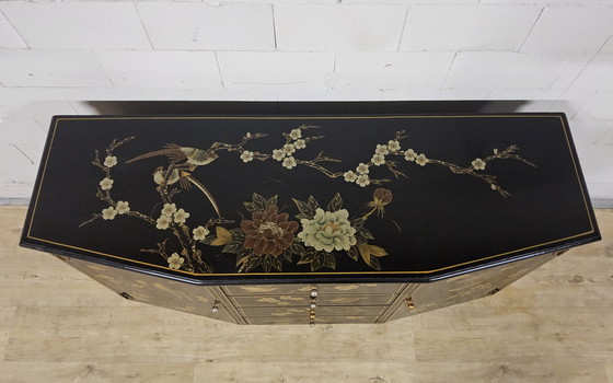 Image 1 of Vintage Chinese Sideboard / Lacquer Cabinet (Black / Birds) Bohemian / Oriental Chest of Drawers
