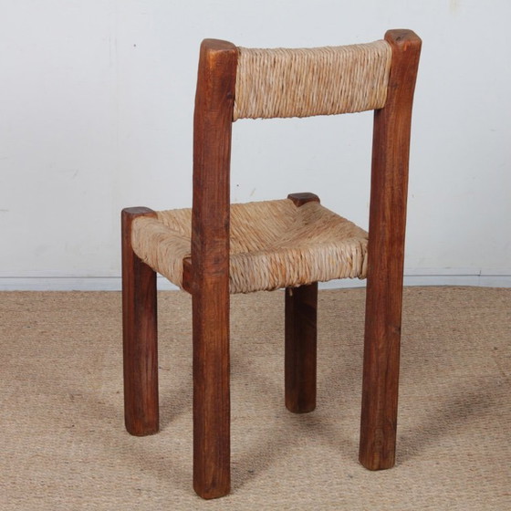 Image 1 of Set van 4 massief houten stoelen met rieten zitting, 1950