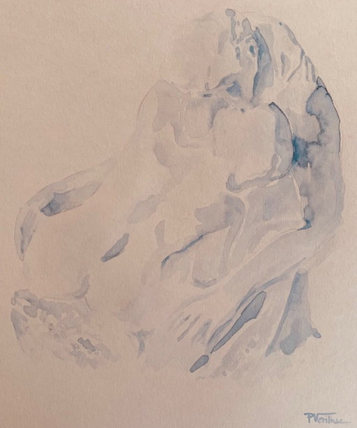 Monochrome blue watercolor of the statue "The Kiss" by Auguste Rodin