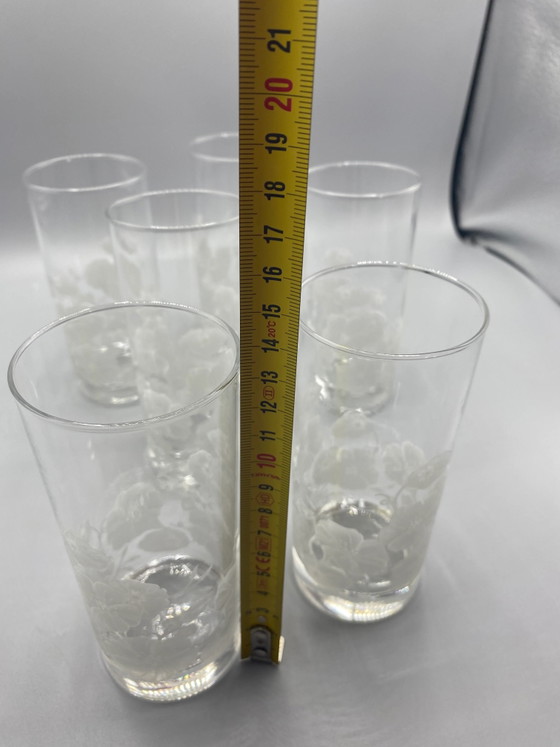 6 transparante glazen voor sinaasappelsap – wit met zeefdruk van een bloemenmotief – Glazen & Karaffen, Glass (photo 4 of 4)