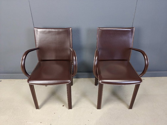 Image 1 of Pair of brown leather armchairs by Arper italy, 1980s