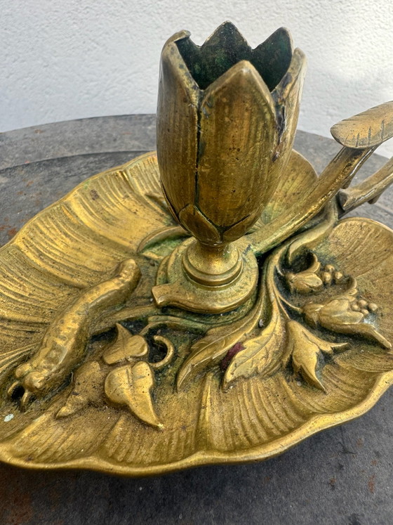Bougeoir bronze feuille lotus Art Nouveau, Bougeoirs et chandeliers, Doré (photo 15 sur 15)