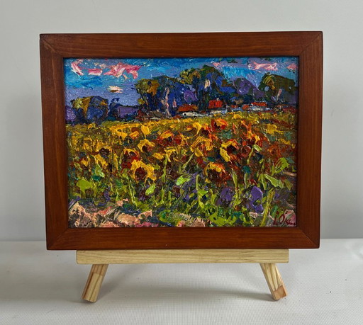 Original Oil Painting Day Flowers Landscape Sunflower field in the village