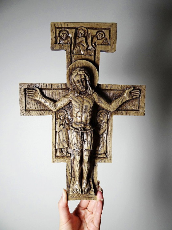Croix de San Damiano vintage en bois sculpté, art religieux franciscain – Décorations murales, Wood (photo 3 of 12)