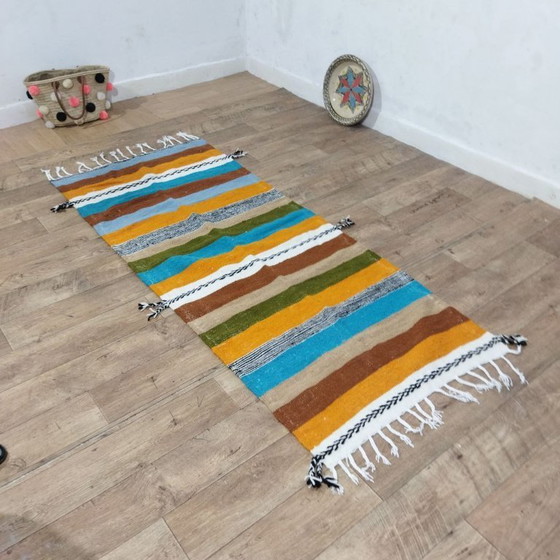 Image 1 of Authentieke Marokkaanse Kilim-loper 216 x 87 cm – Handgemaakt gestreept Berberkleed