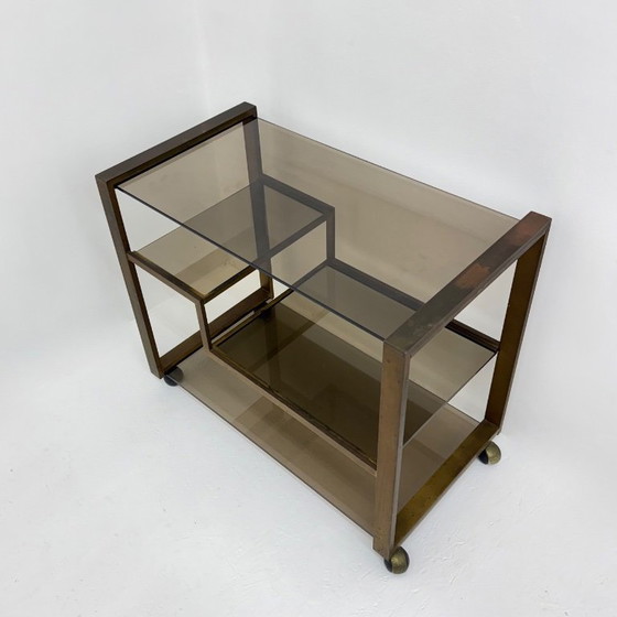 Image 1 of Barwagen aus Messing mit Rauchglas aus der Mitte des 20. Jahrhunderts, 1970er Jahre