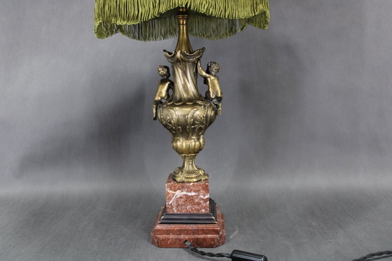 Image 1 of 1940s Restored Brass and marble Table Lamp with Fabric Shade