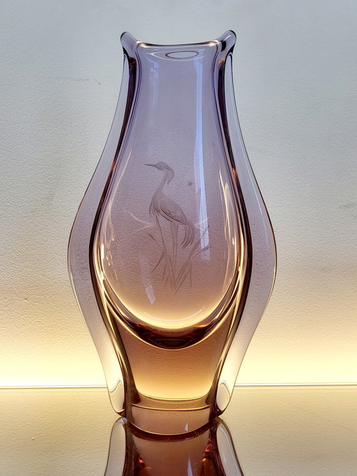 Art Glass Vase With Crane Engraved, Miloslav Klinger, Bohemian Glass, 1970s