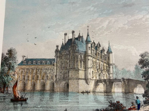 Antique Lithograph 1851 Château de Chenonceaux Sketch of Lady Chatterton