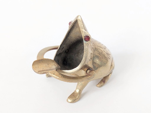Midentury Vintage Brass Frog Figurine Trinket, Sculptural Quirky with Ruby Red Crystal Eyes