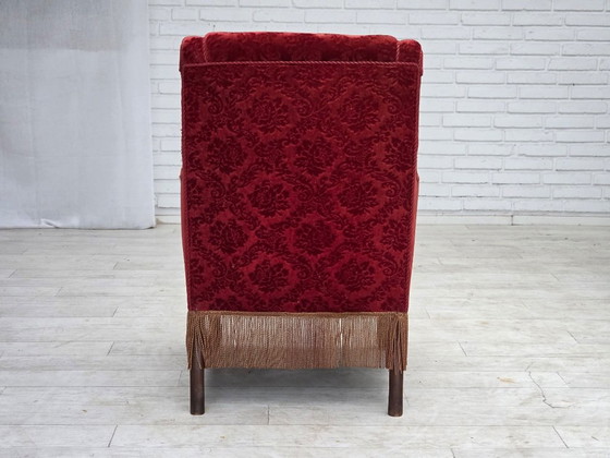 Anni '50, Poltrona vintage danese, velluto per mobili, legno di quercia., Poltrone, Rosso, Scandinavian (foto 9 di 15)