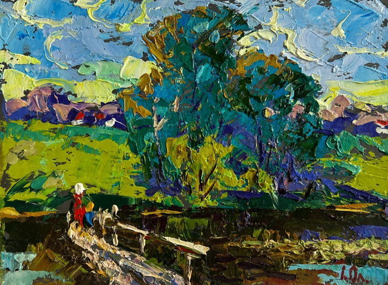 Image 1 of Original Oil Painting Village Bridge Landscape On the spring river