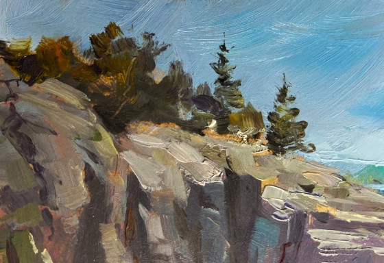 Image 1 of Peinture à l'huile originale, paysage rocheux d'été, journée nuageuse en mer