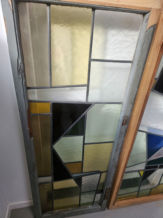 Set of antique Art Deco stained glass windows 50x130 cm., Decorative Objects, Metal, Wood, Multi Color (photo 6 of 14)