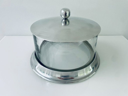 Vintage voorraadpot met aluminium deksel en glazen cilinder