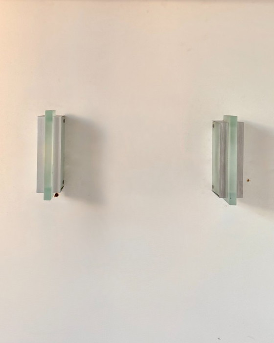 Paar Vintage Geborsteld Metaal en Gezandstraald Glas Wandlampen, Frankrijk 1980 – Aluminium (photo 3 of 6)