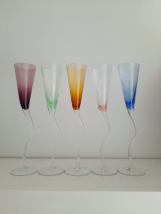 Set of 5 Colored Champagne Flutes