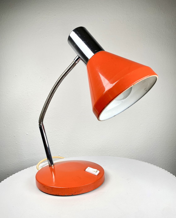 Image 1 of Vintage Orange Desk Lamp 1970s Design - Small Retro Tabletop Gooseneck Lamp