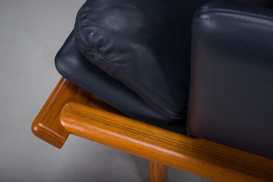Image 1 of  Danish Teak and Navy Blue Leather 3-Seater Sofa from Komfort, 1970s