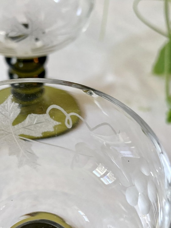 Image 1 of 6 small Roemer liqueur glasses, moss green stepped stems