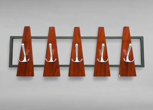 Vintage Teak Wood Coat Rack 1960s Rosewood Metal Frames Chrome Plated Hooks