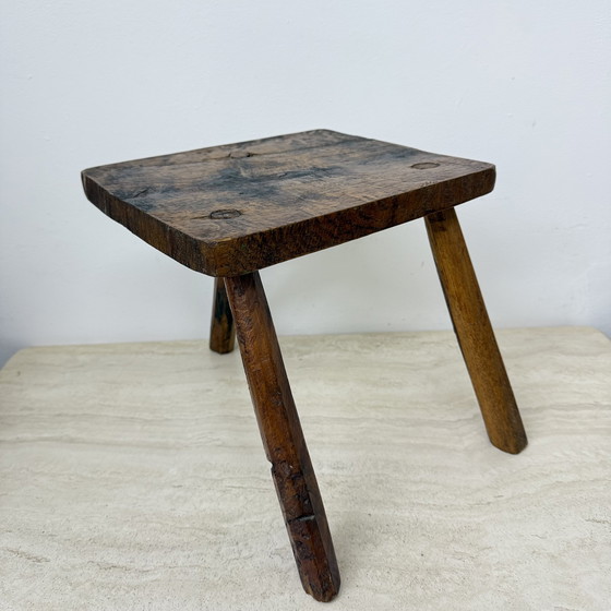 Image 1 of Vintage Brutalist Solid Wooden Stool Side Table