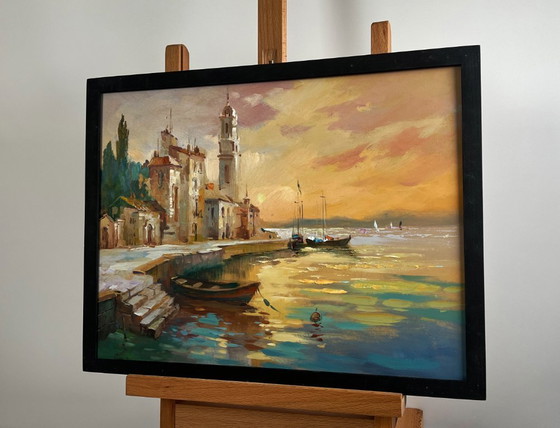 Image 1 of Original Oil Painting Evening City Landscape The flaming evening horizon