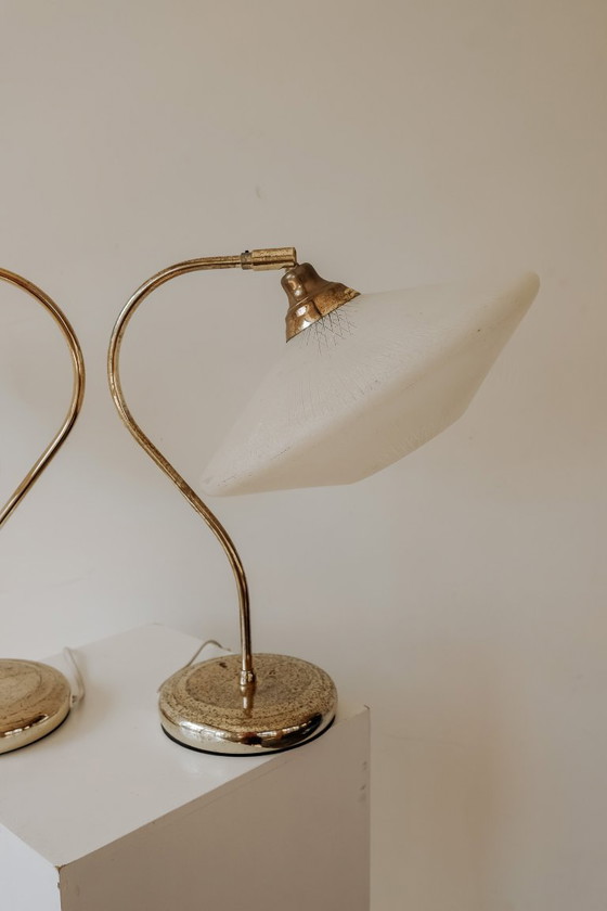 Image 1 of Set of 2 vintage brass table lamps with glass shades