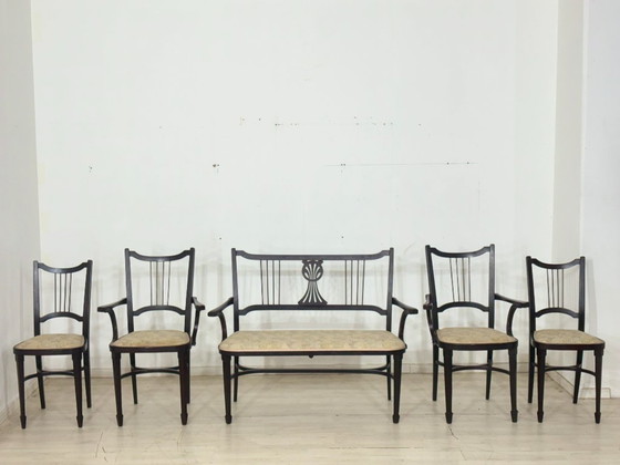 Image 1 of 4 originele Thonet-stoelen uit circa 1900 – Art Nouveau/Weense eetkamerstoelen met messing rugleuningen