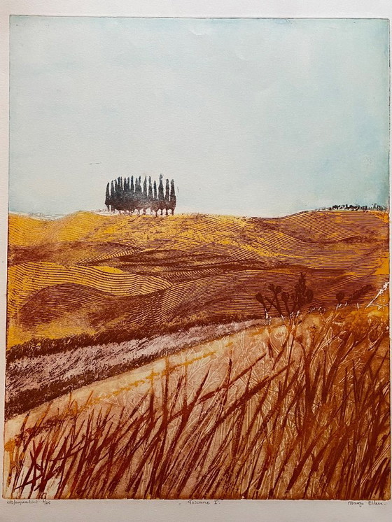Image 1 of Margo Ellen- Toscane. Cyprès. Gravure en couleur