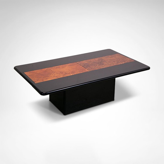 Image 1 of Black lacquered and burl wood coffee table with bar France 1980s