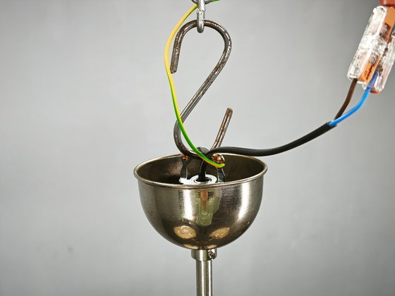 Image 1 of Art Deco kroonluchter van chroom en gedecoreerd crèmekleurig glas, jaren 1930