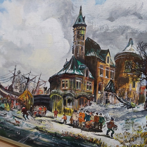 Image 1 of Winter on the Ice - oil on panel in a beautiful frame