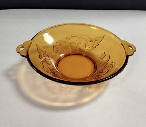 ciotola in vetro ambrato vintage con orecchie