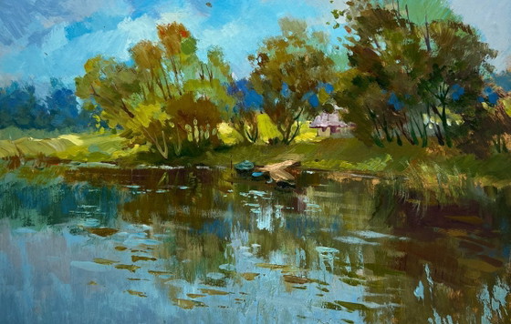 Image 1 of Original Oil Painting Summer River Landscape A quiet ferryman in the village