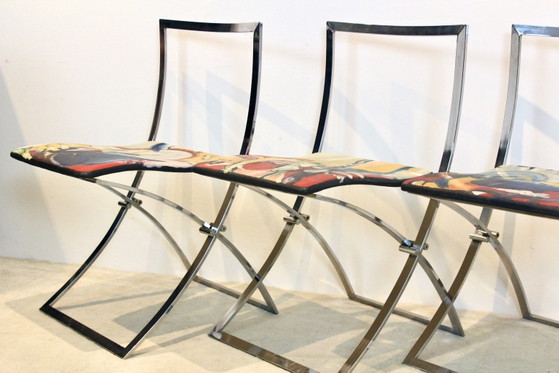 One off Hand painted set of four ‘Luisa’ Dining Chairs by Marcello Cuneo, polished steel, Chrome (photo 5 of 15)
