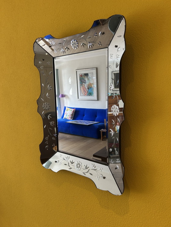 Image 1 of Prachtige Vintage Venetiaanse Spiegel – Geëtst Glas 79x58 cm