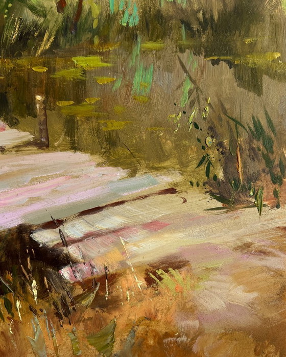 Image 1 of Original Oil Painting Nature River Landscape The Road Leading Home