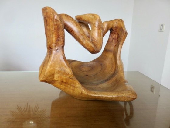 Cesta grande o centro de mesa tallado en una sola pieza de madera de olivo, circa 1970, Italia (photo 7 of 14)