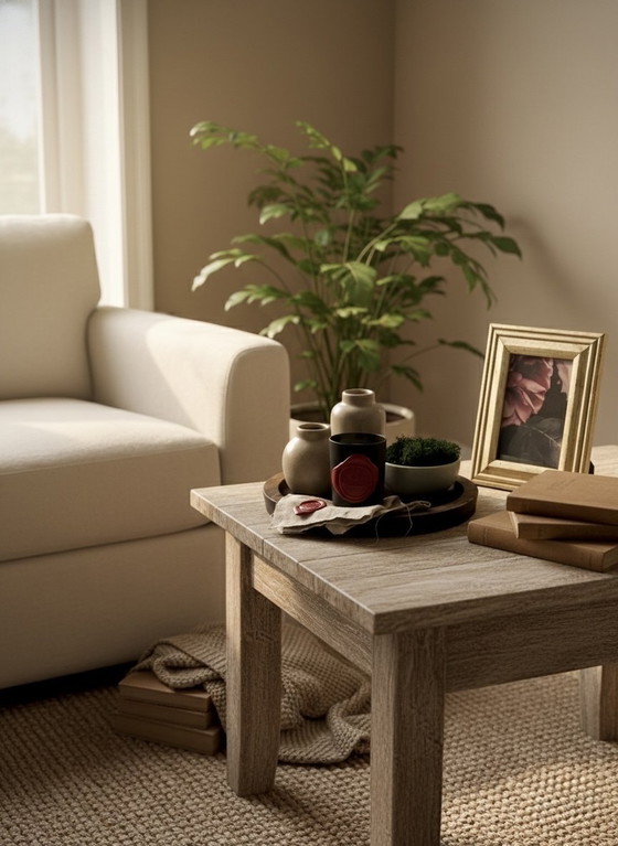 Image 1 of Ensemble Décoration Wabi-Sabi: Vases en Gres, Plateau en Bois & Cadre Patiné