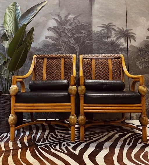 Ensemble de fauteuils de salon en bambou avec dossier en cuir tressé