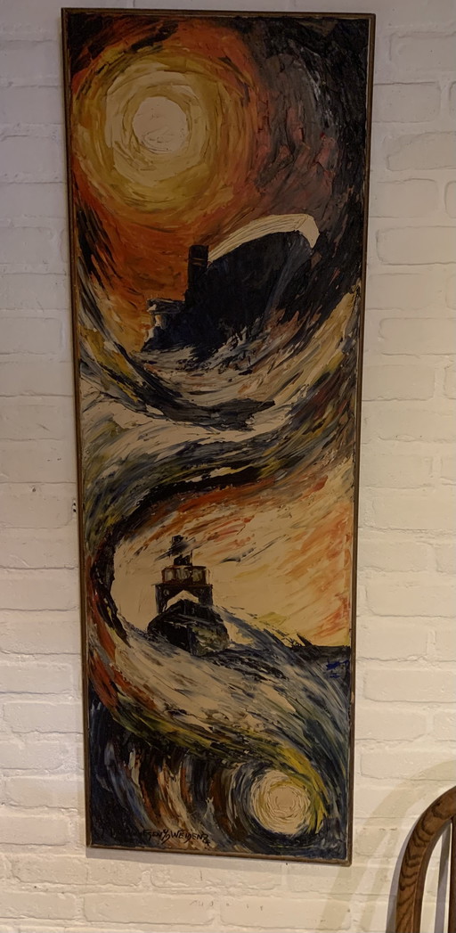 Pintura firmada, titulada 'Tormenta en el Mar'.
