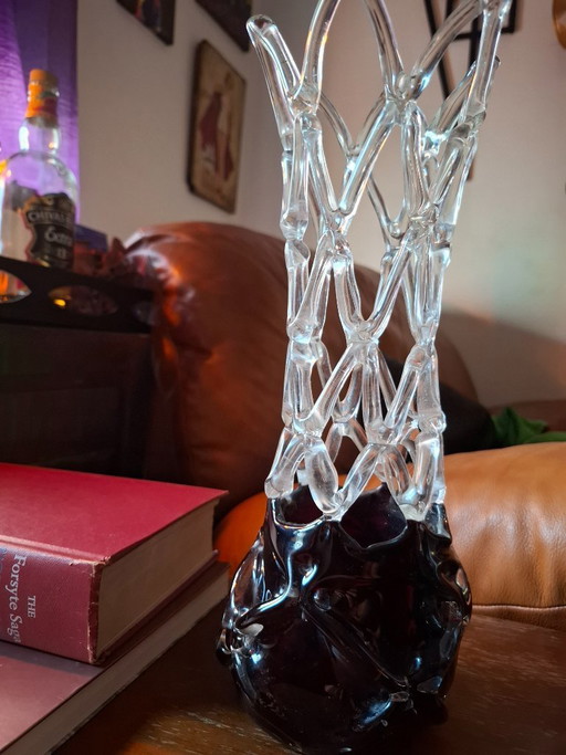 Vintage Mid-Century Sculptural Art Glass Lattice Vase by Poltár / Katarínska Huta – 32cm