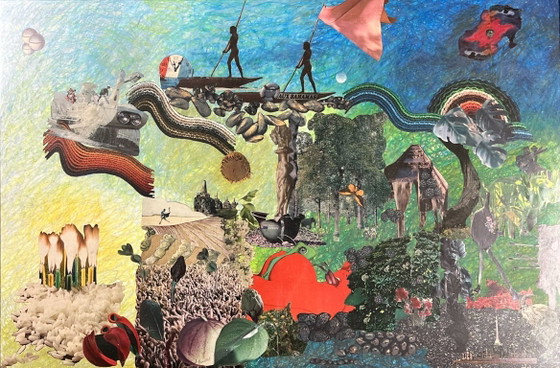 Image 1 of Very large surrealist collage painting by Alain Gaudet, 1979