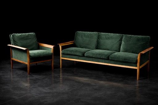 Divano e sedia vintage in palissandro norvegese e velluto verde bottiglia di Knut Sæter per Vatne Møbler, anni '60, set di 2