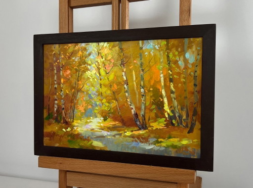 Origineel olieverfschilderij: Herfstboslandschap, herfstberkenbos