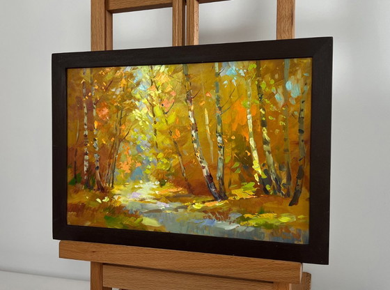 Image 1 of Origineel olieverfschilderij: Herfstboslandschap, herfstberkenbos