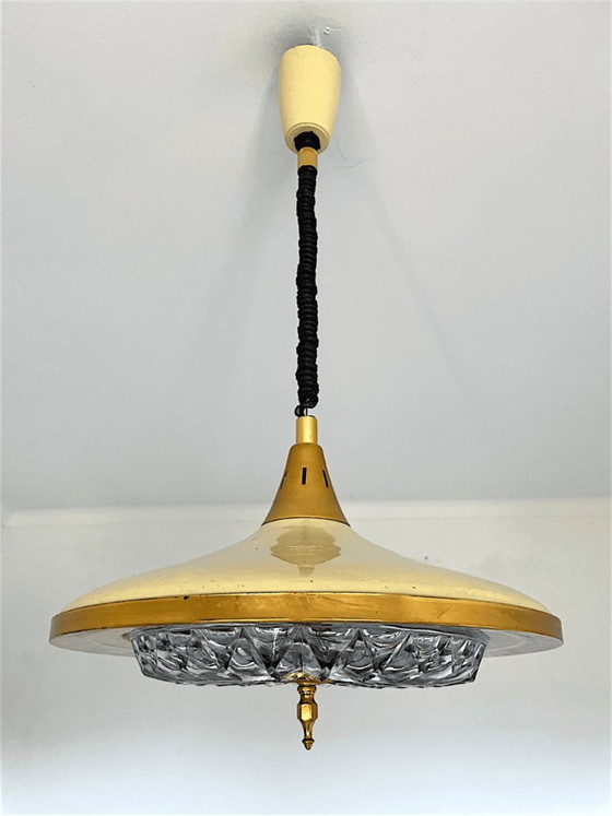 Mid Century Modern Retractable Metal And Pressed Glass Pull Down Pendant Lamp, 1960s-70s (photo 2 of 15)